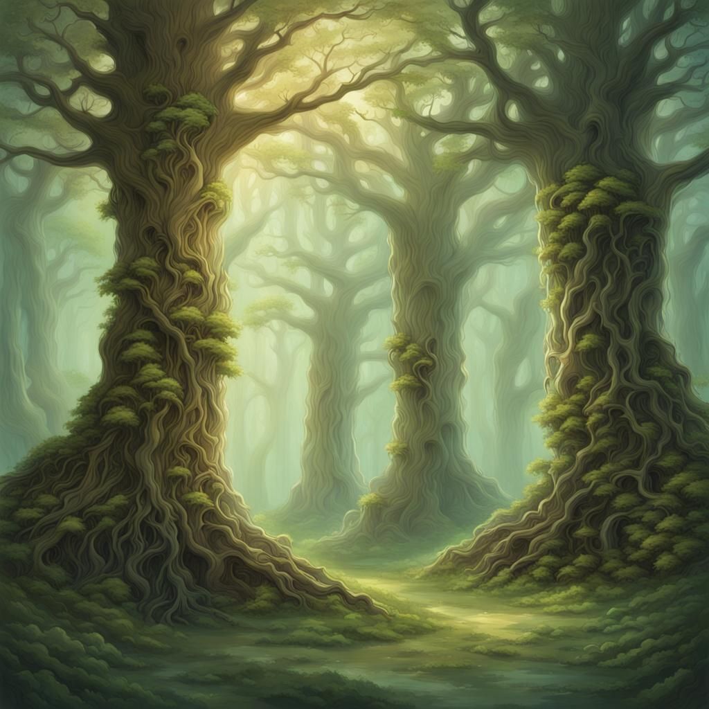 Ethereal Mystical Forest with Ancient Trees in Dreamlike Sty...