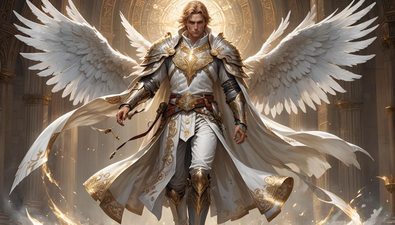 Charismatic Aasimar Cleric with Radiant White Wings in Elega...