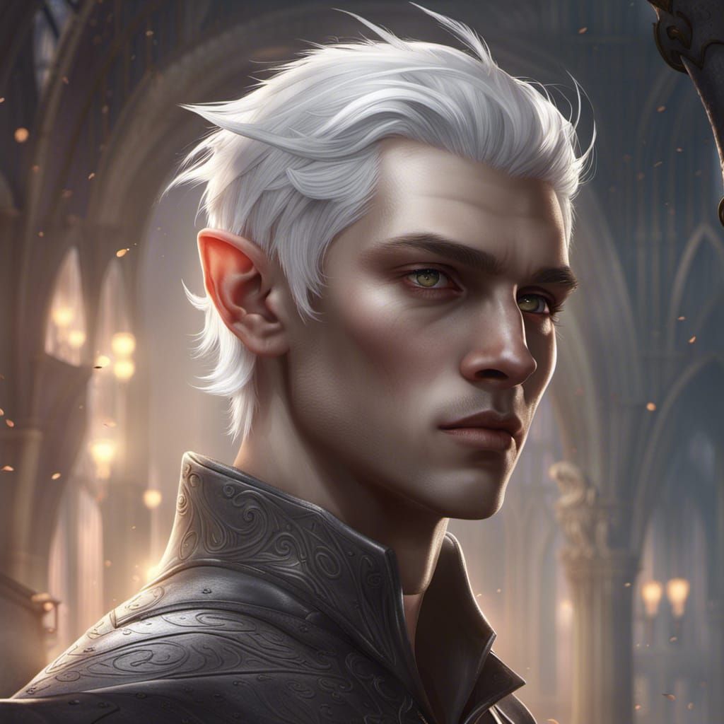 Handsome Pale Elf with White Hair, Digital Art