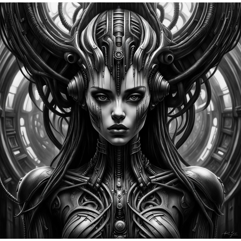 Gothic Cyberpunk Woman in Hyperrealistic Black and White