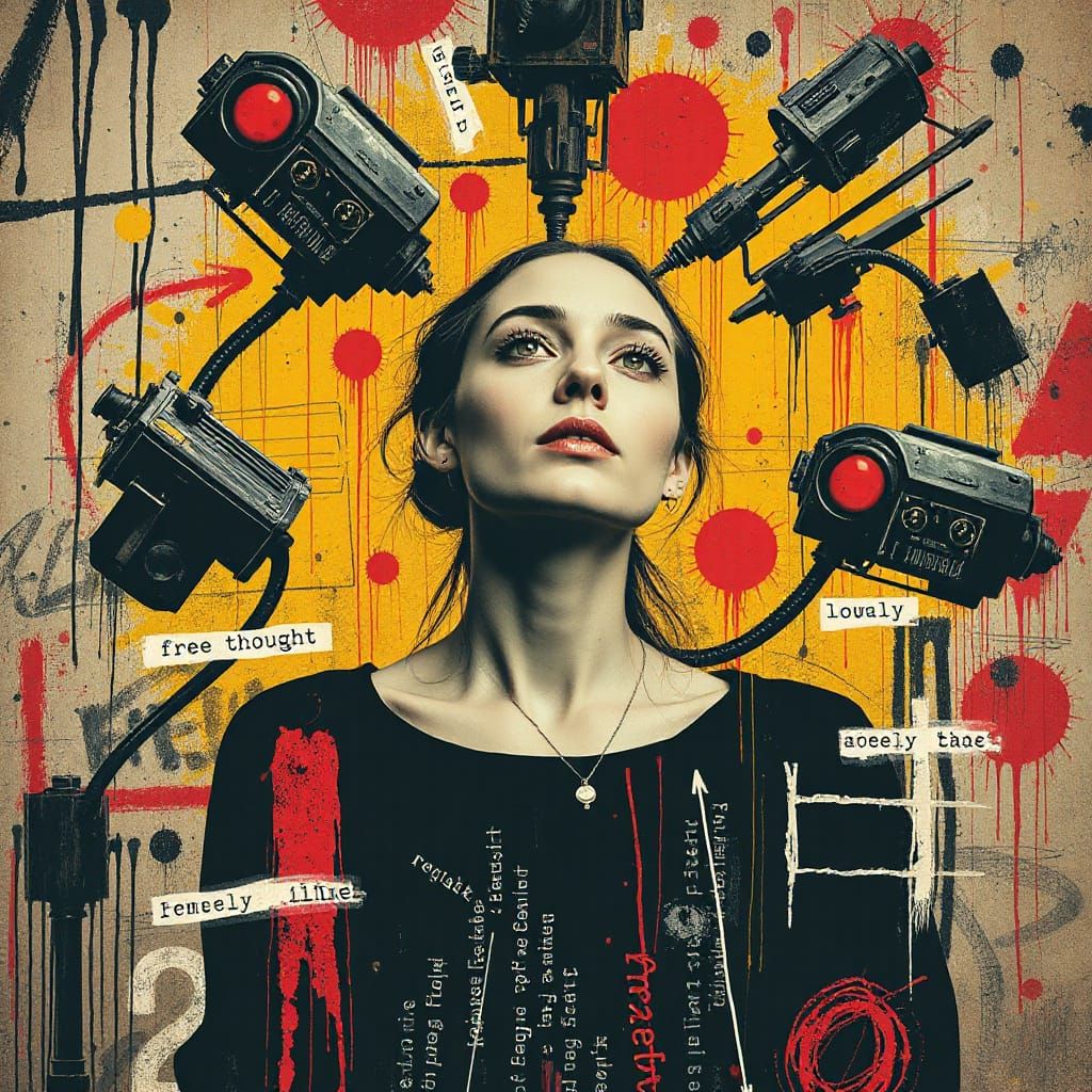 Chaotic Woman with Robots in Neo-Expressionist Style