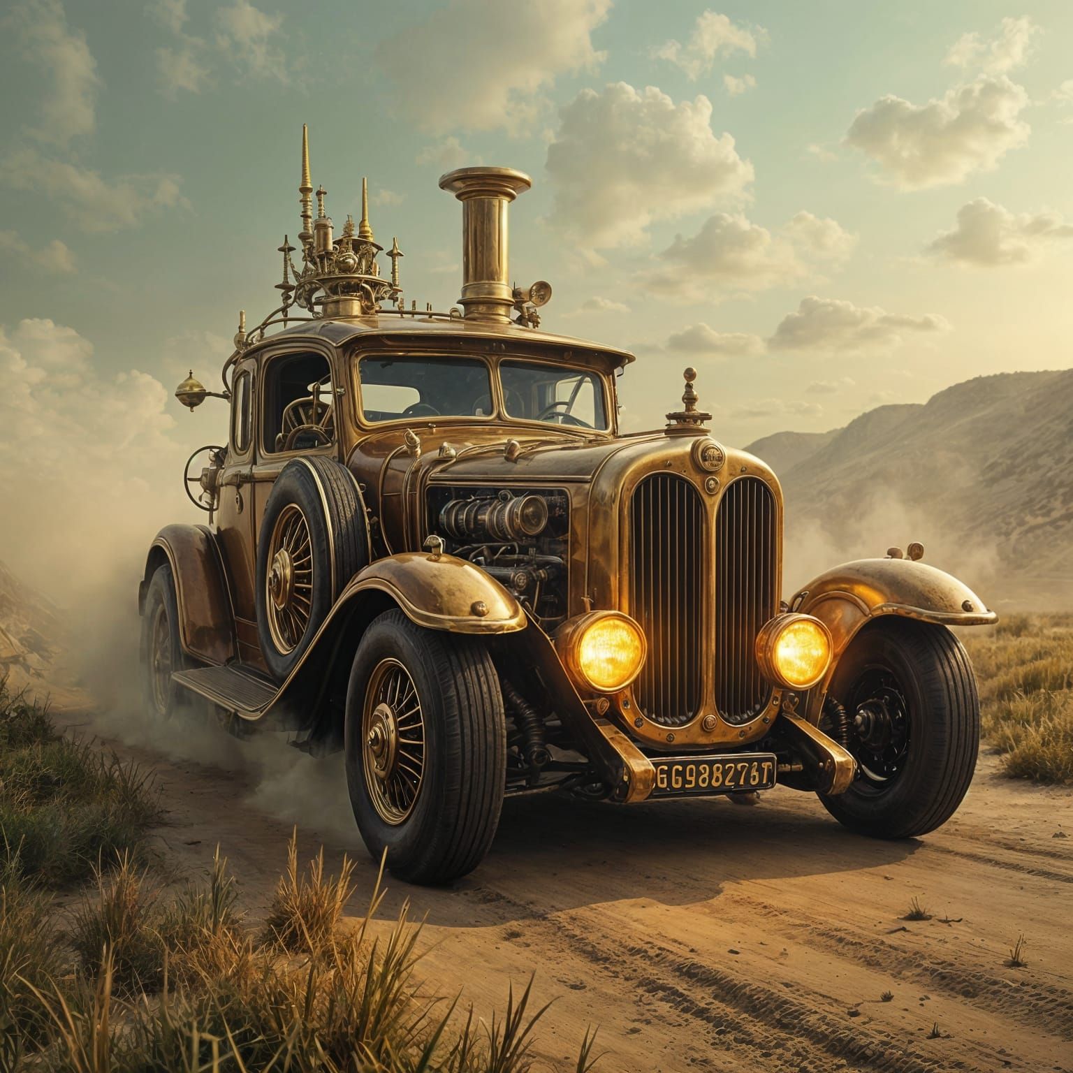 Steampunk Car in Surreal Victorian Landscape