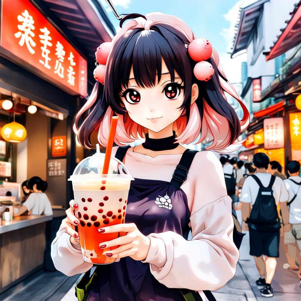 Anime Girl Enjoying Lychee Boba Tea