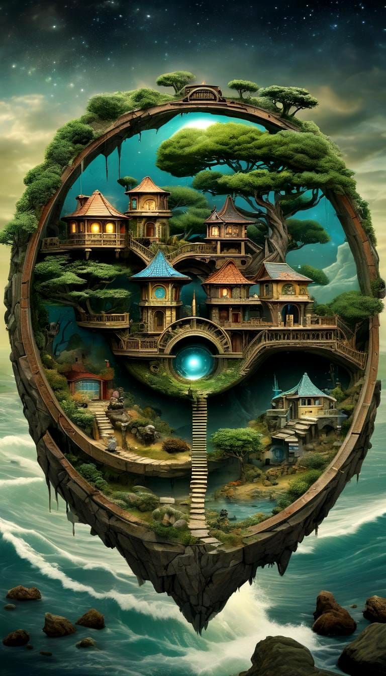 Surreal Stargate Scene with Bonsai and Cottages