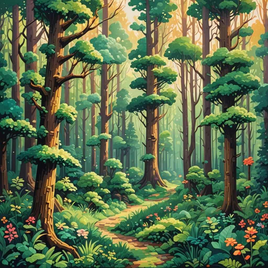 8-bit Pixelated Forest: Whimsical Dreamlike Gouache Painting