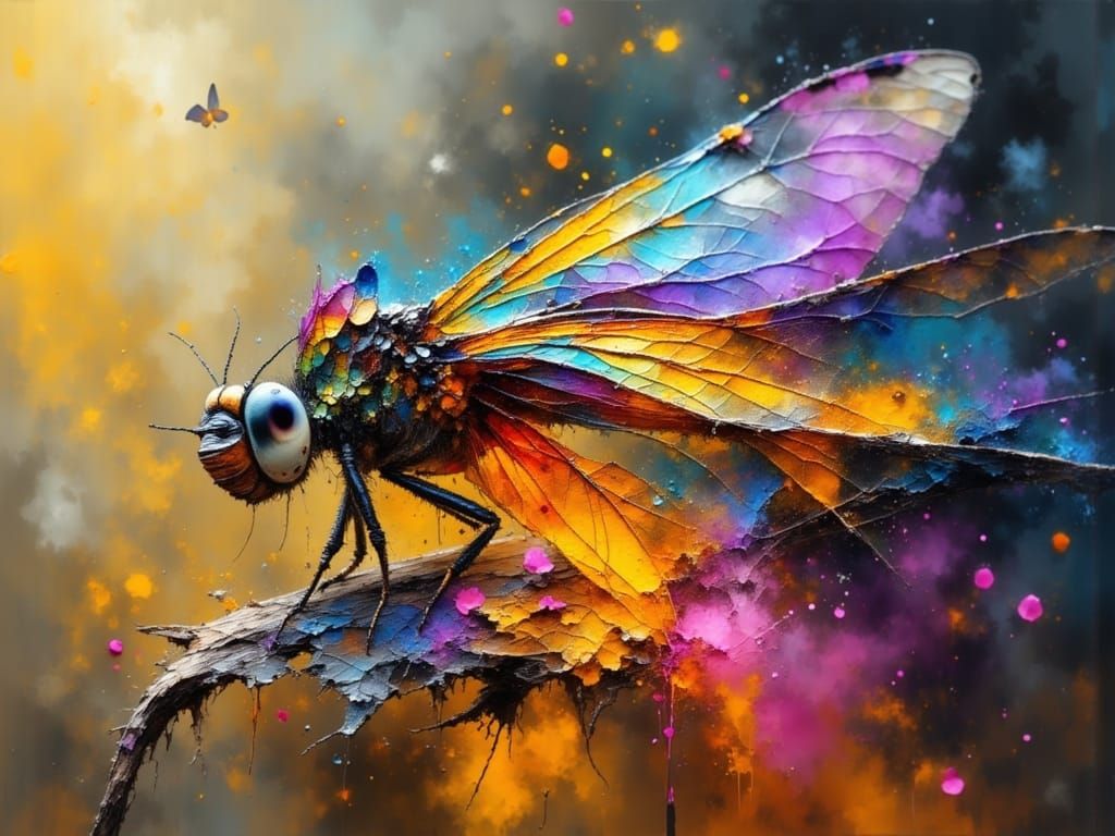 Iridescent Dragonfly Wings Shimmering in Smokey Grunge Style