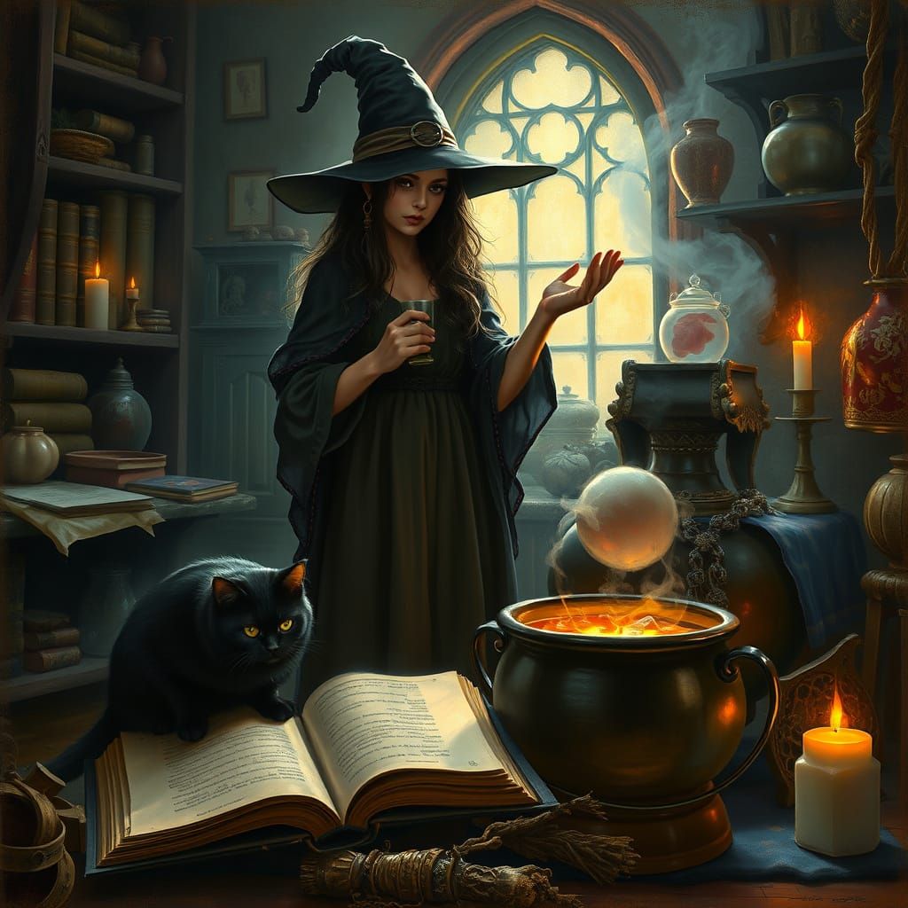 Art Nouveau Witch and Cat in Mysterious Chamber