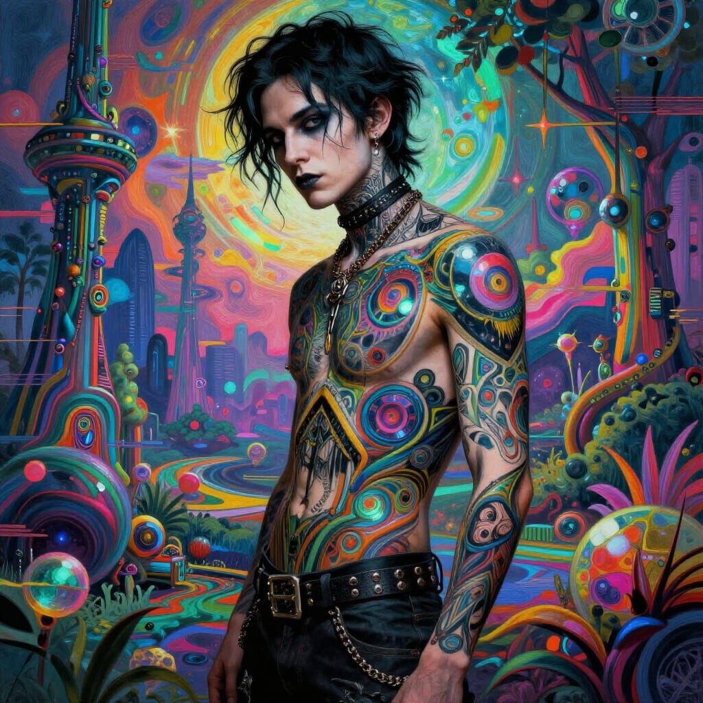 Goth Figure in Iridescent Aetherpunk Landscape