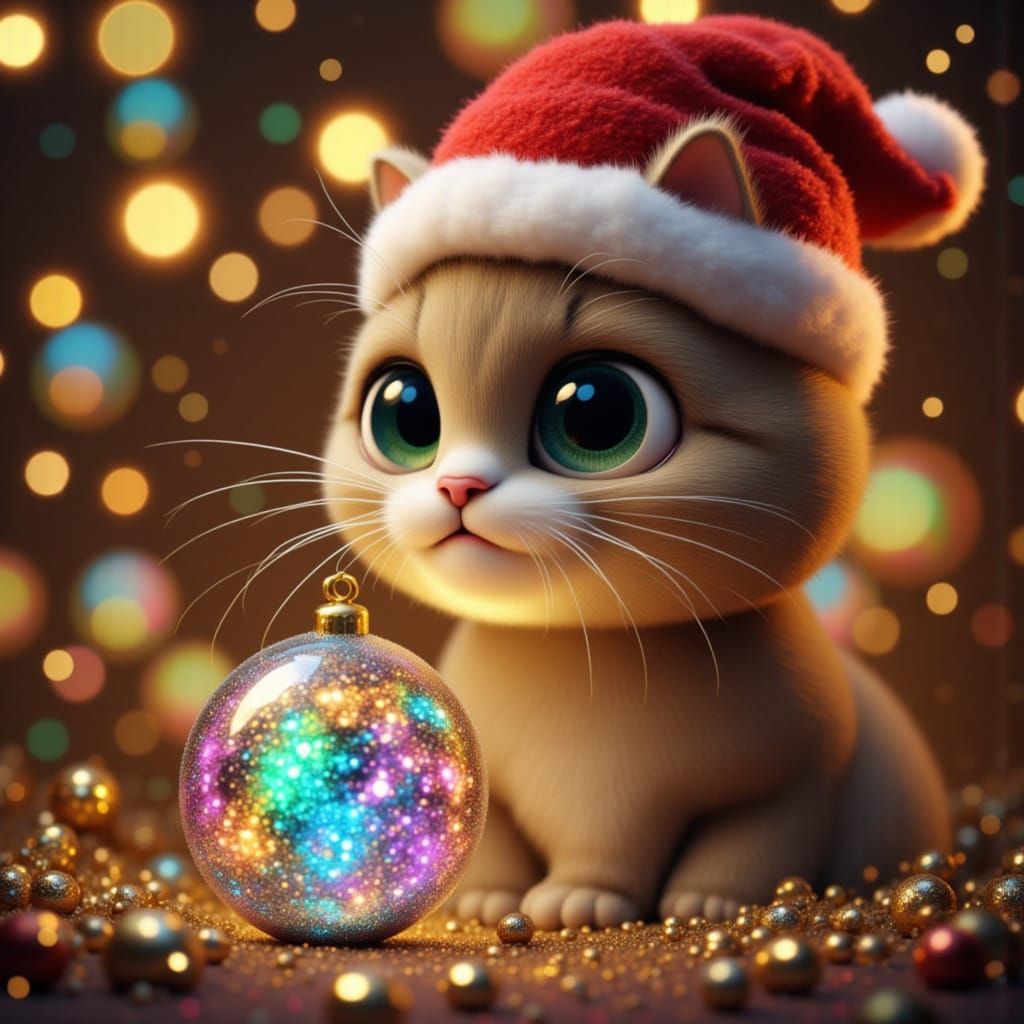 Whimsical Santa Cat with Christmas Disco Ball in Metallic St...