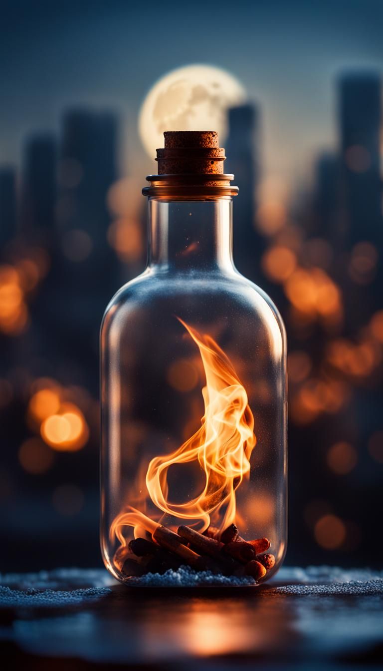 Fiery Message in a Bottle over City at Night