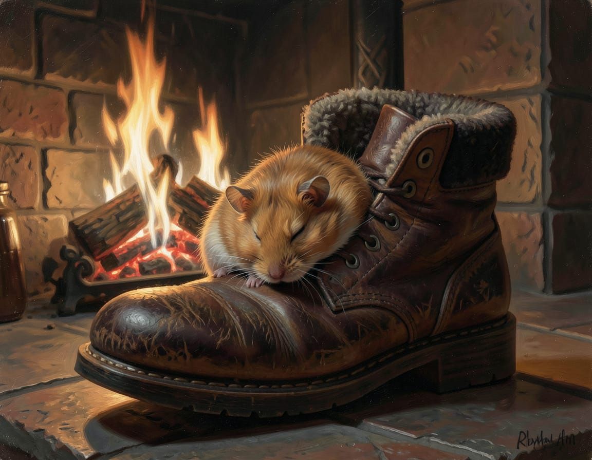 Cozy Hamster Sleeps Warmly in Leather Boot by Fireplace