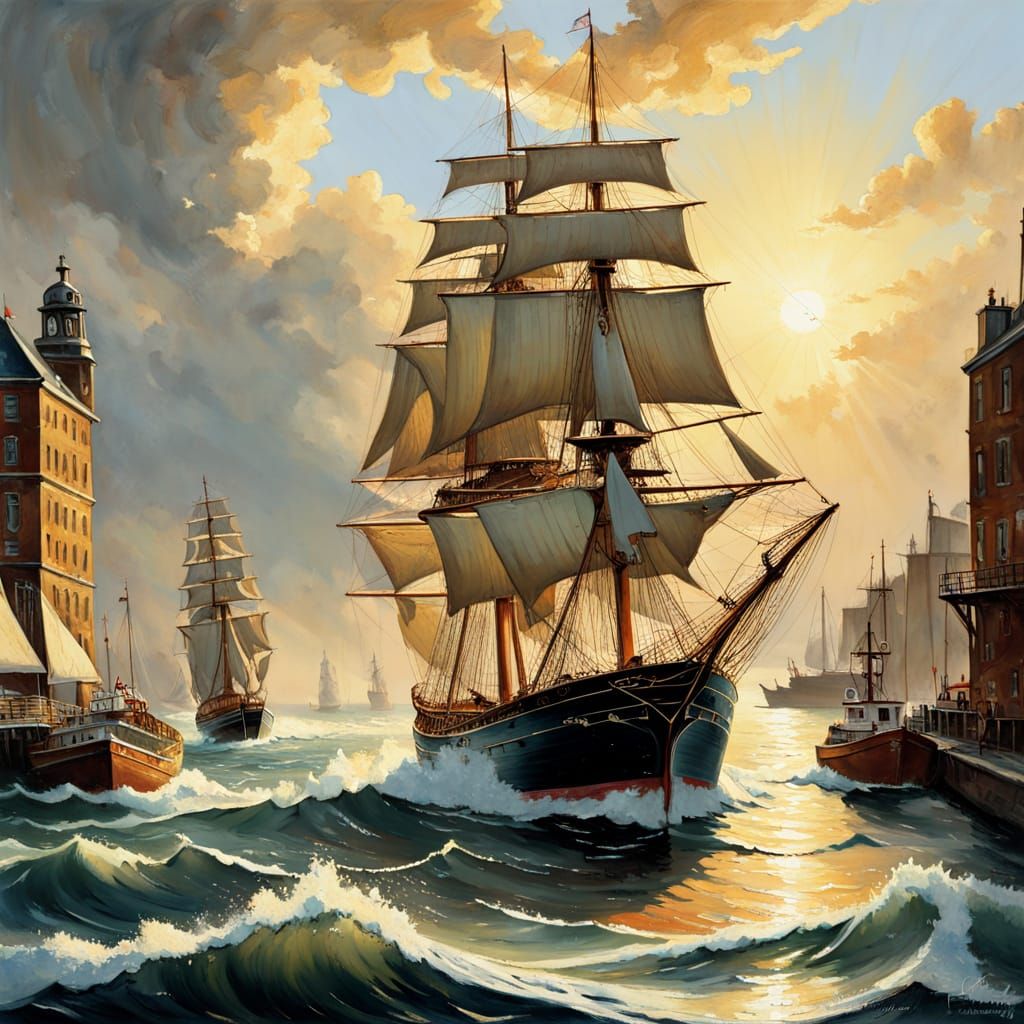 Sailing Ship Enters Harbour in Golden Light