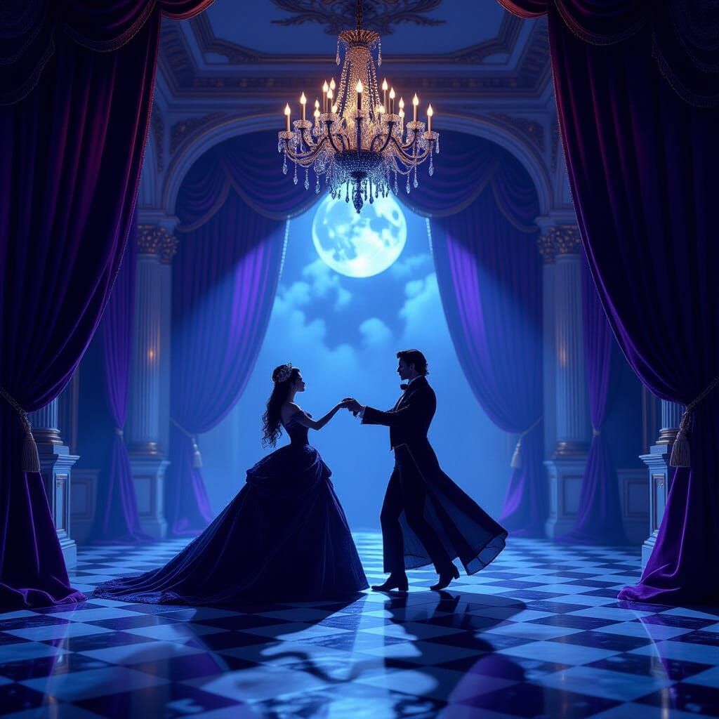 Spectral Dancers in Moonlit Ballroom, Painterly Concept Art