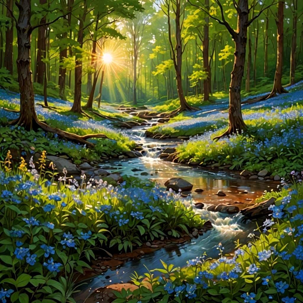 Sunlit Forest Scene with Blue Wildflowers