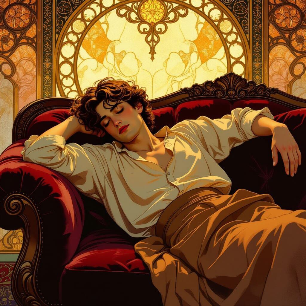 Weary Lover on Velvet Couch in Golden Light