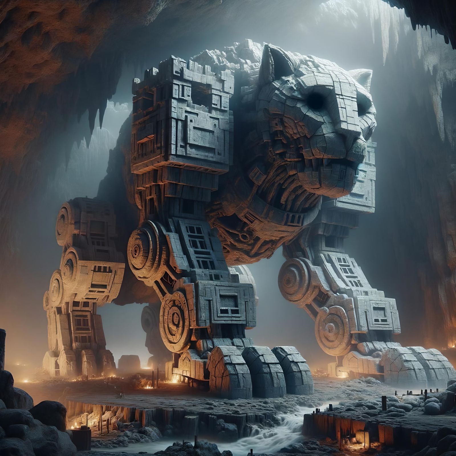Colossal Stone Feline Construct in Underground Cavern
