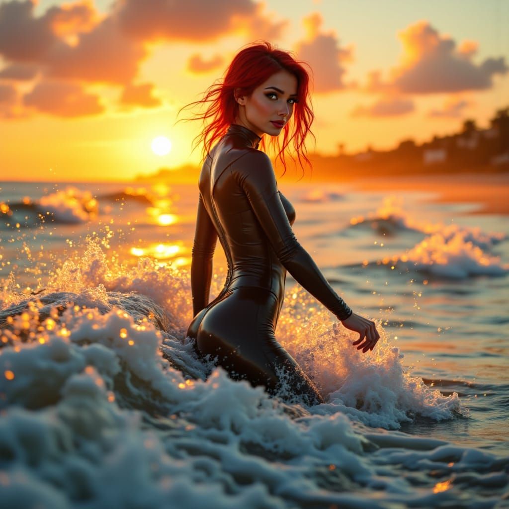 Surfer Girl in Vibrant Sunset Light