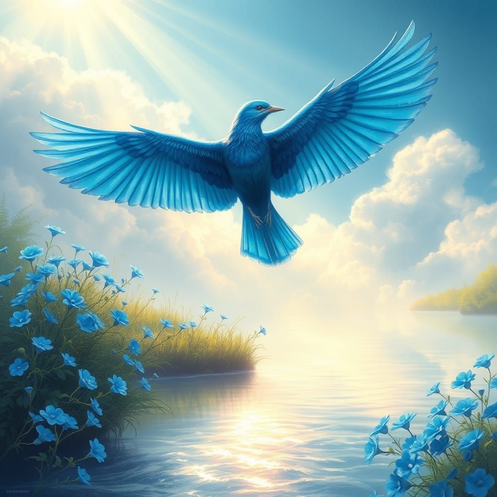 Majestic Blue Bird Soaring Over Glowing River