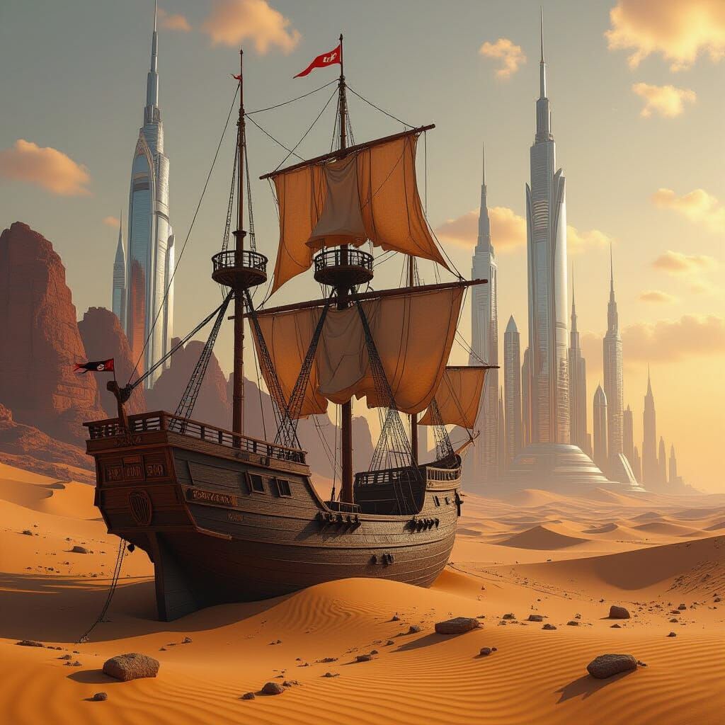 Surreal Desert Galleon Between Futuristic Cities