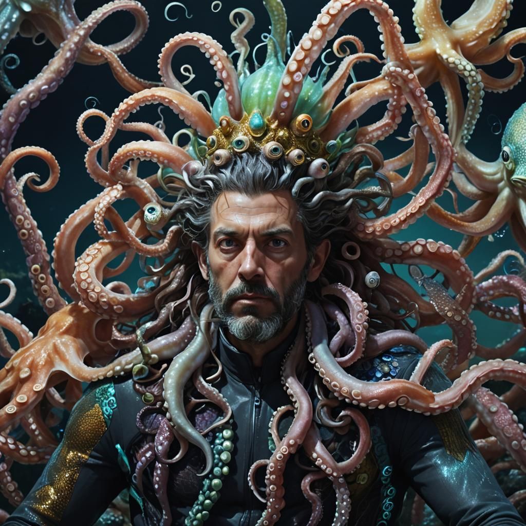 Man with Octopus Hair: Hyper-Realistic Digital Art