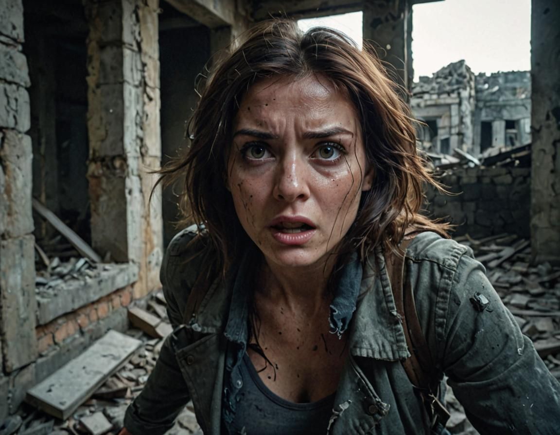 Woman in Ruined Building: Tense Cinematic Still