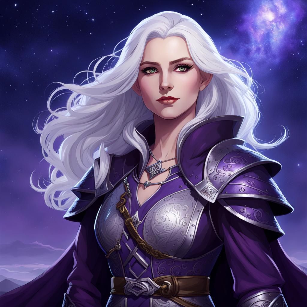 Dungeons and dragons female twilight cleric, long white hair, pale skin, round face, long dark purple robe, chainmail ar...