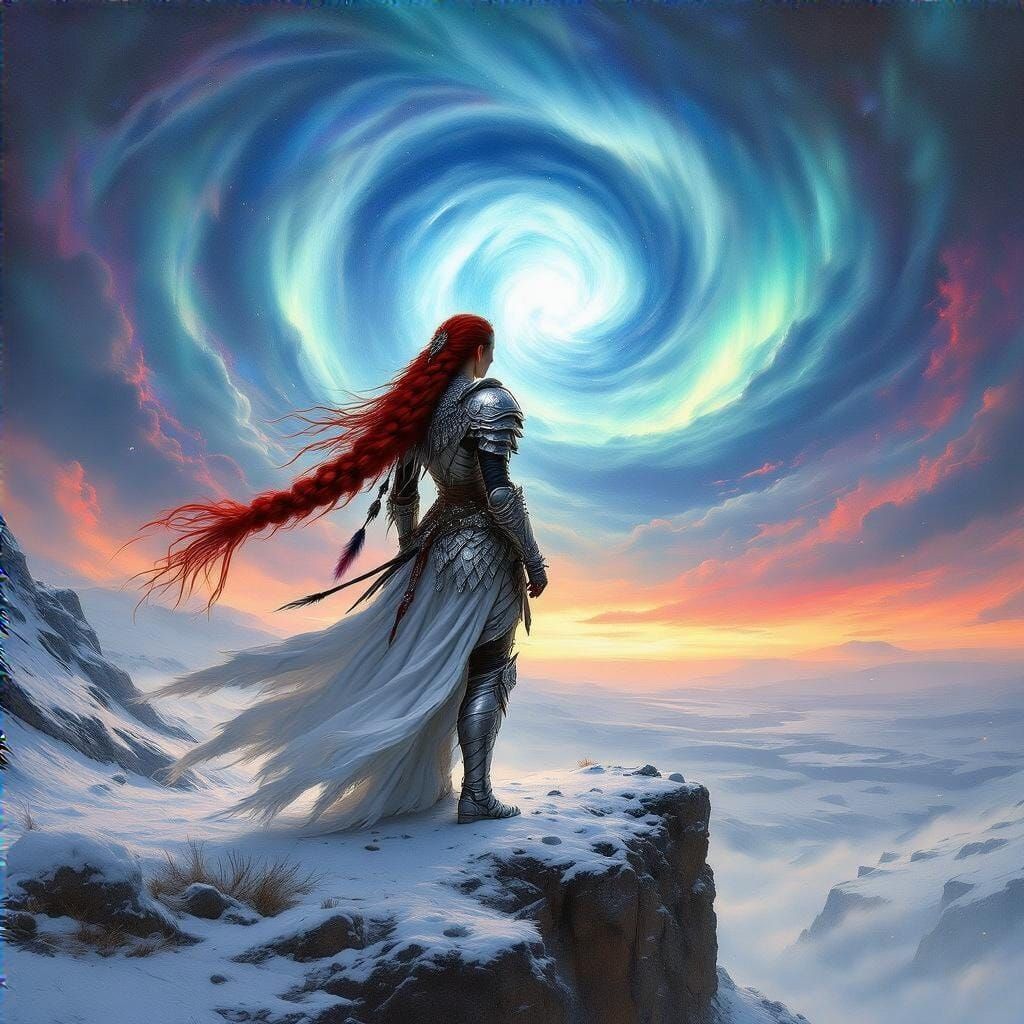 Valkyrie Warrior in Majestic Winter Landscape