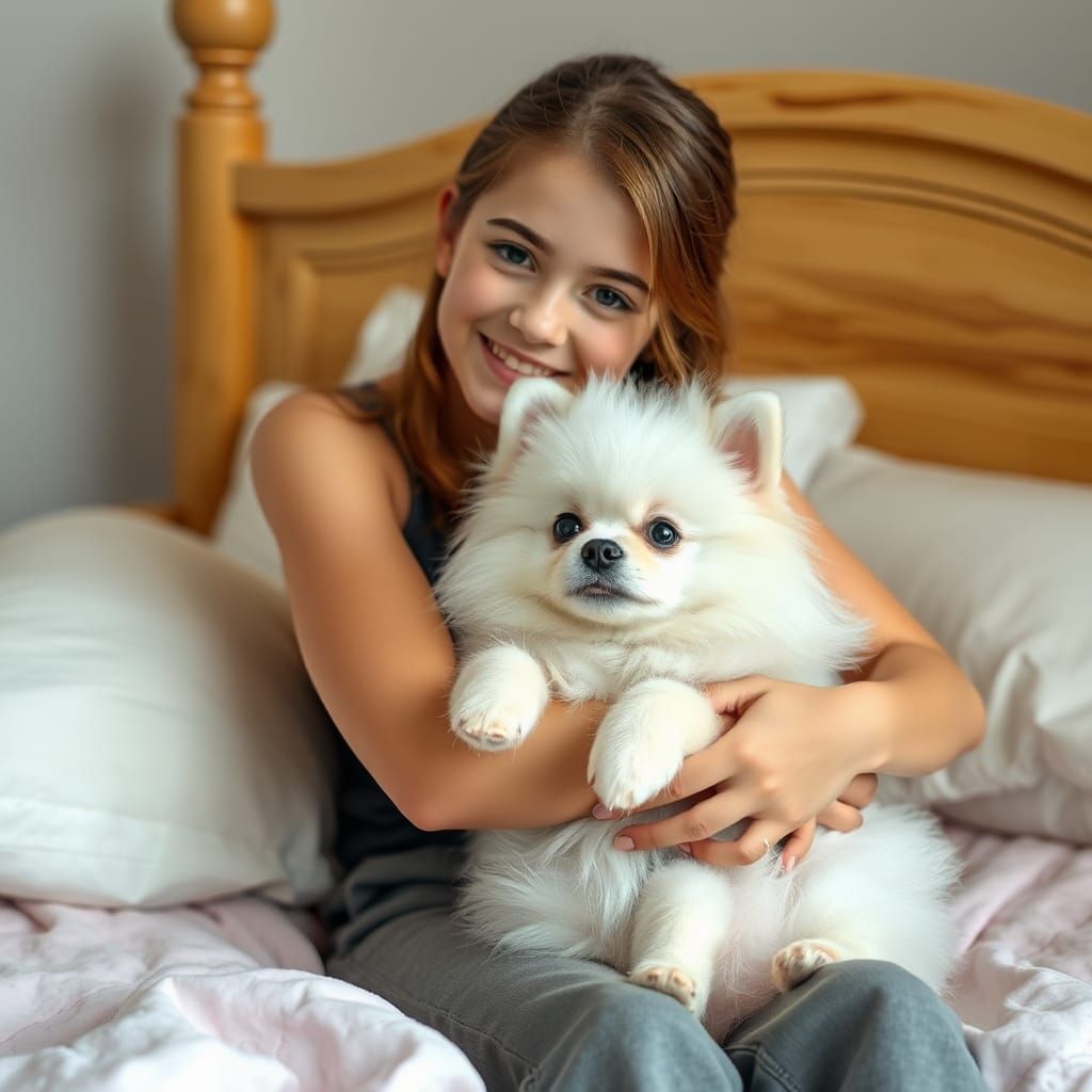 Girl Hugging Pomeranian Puppy in 3D Animated Style
