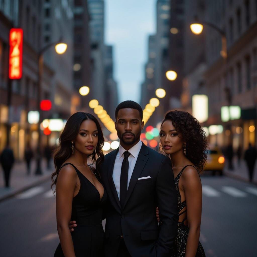 Elegant Trio in Night Cityscape, Cinematic Film Still