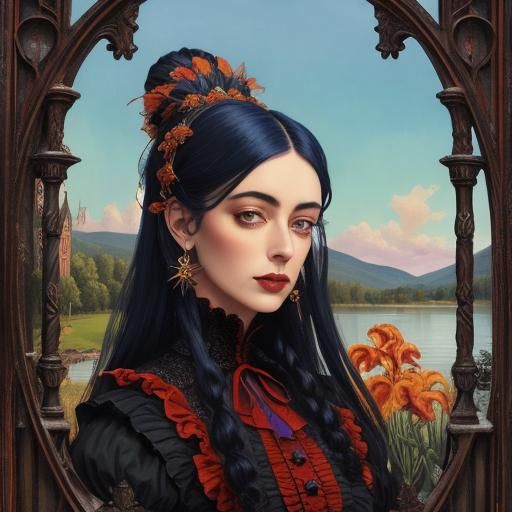 Surreal Victorian Woman in Gothic Village Ink Drawing