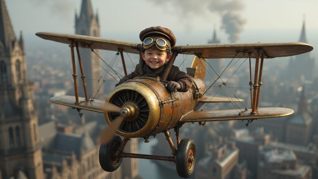 Steampunk Boy Soars Through Industrial Metropolis