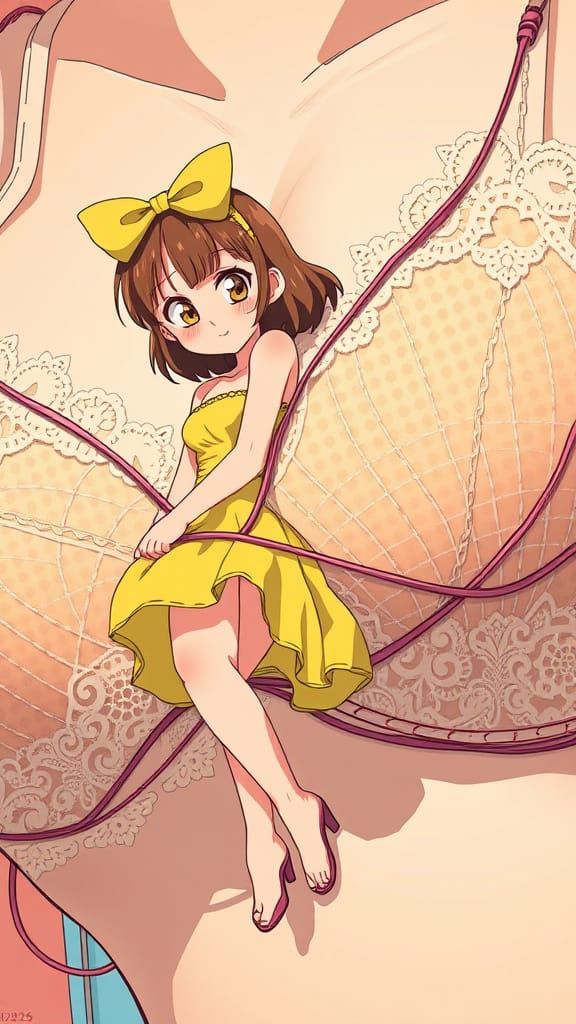 Comical Anime Scene of Tiny Woman Trapped in Giant Bra