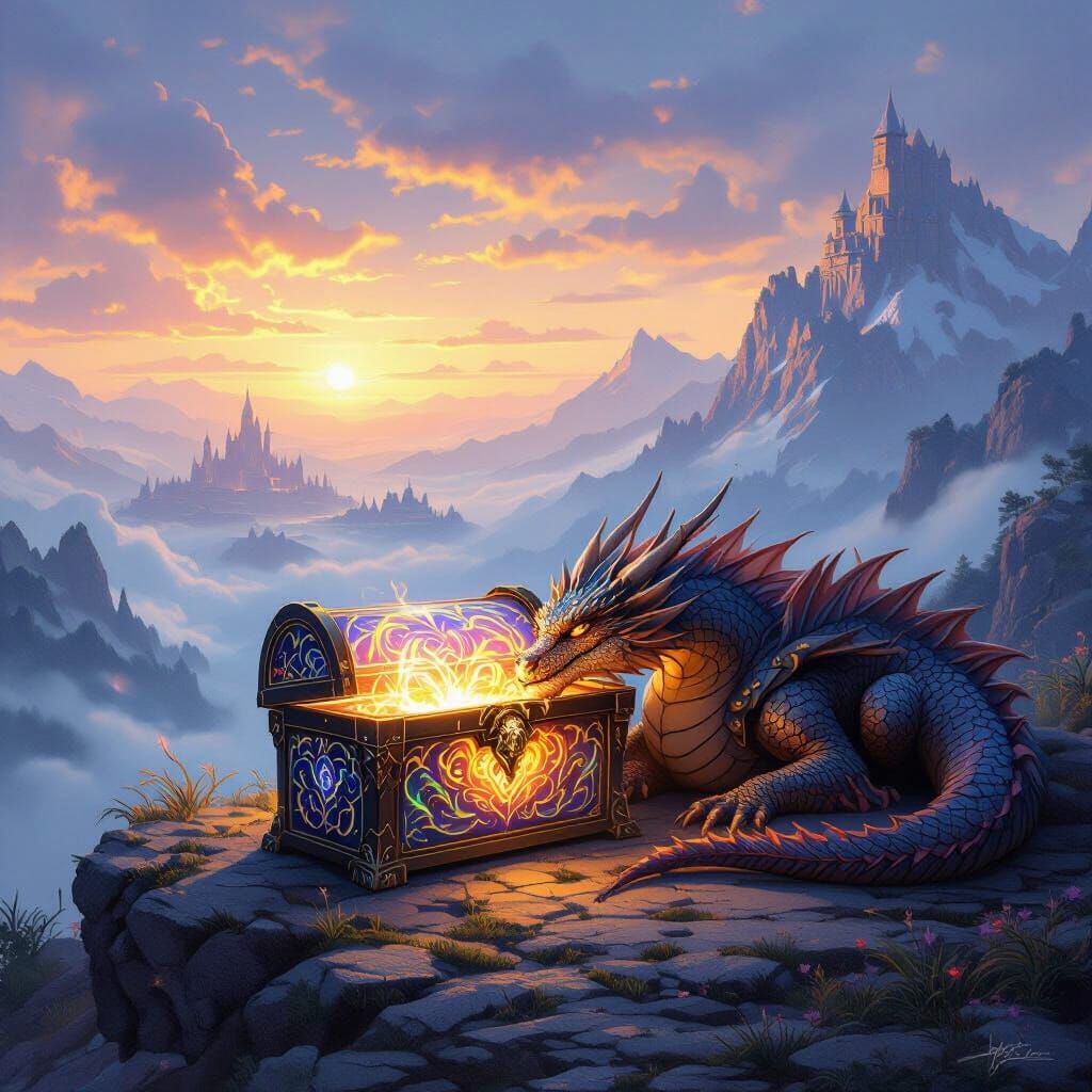 Dragon Guarding Magical Chest in Fantasy Kingdom