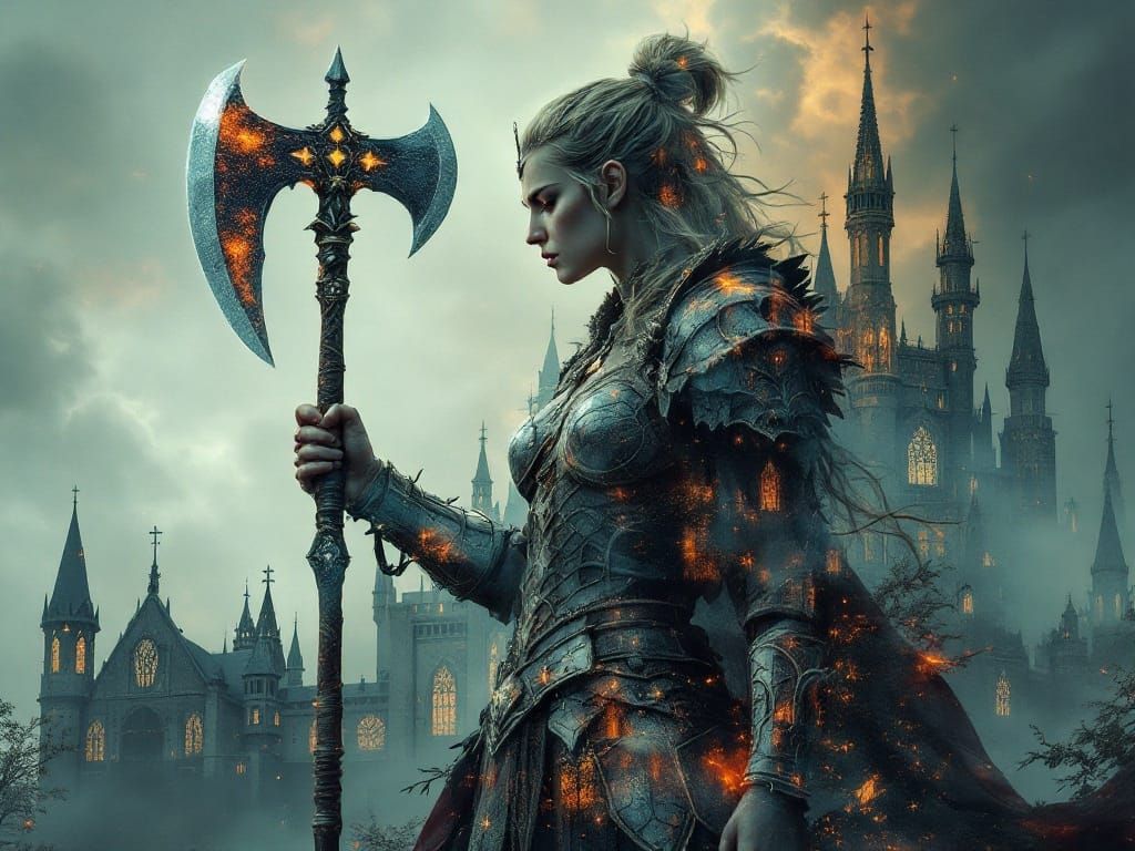 Viking Warrior and Gothic Castle Double Exposure