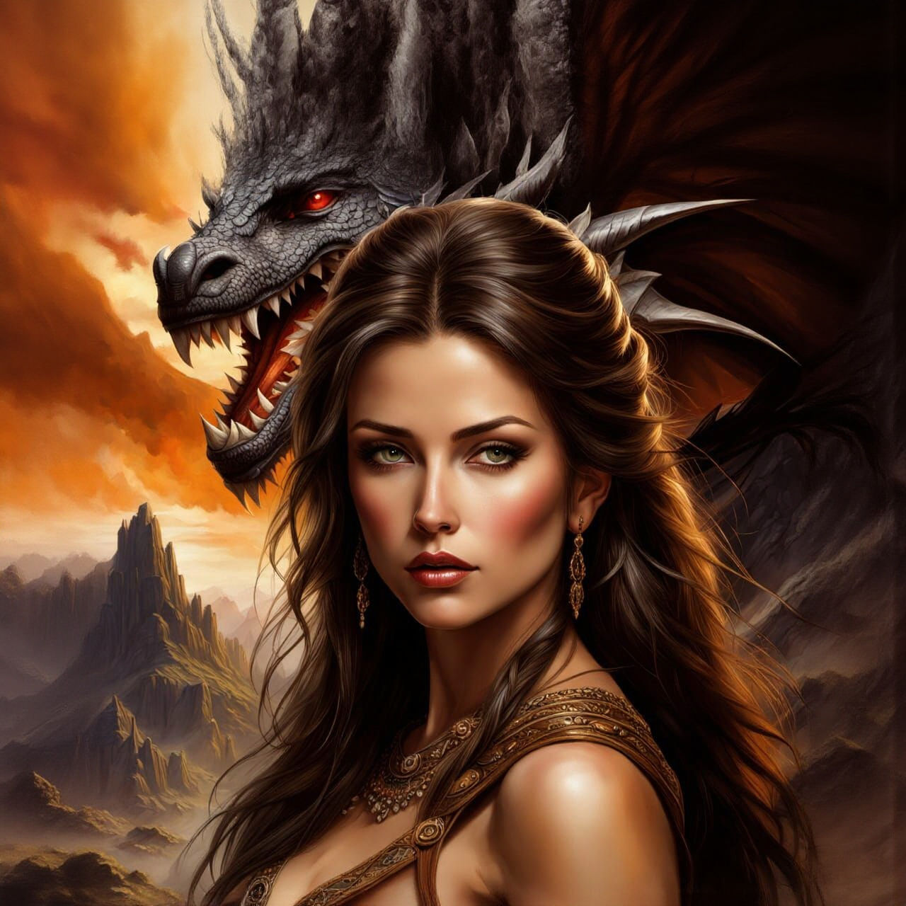 Woman Escaping Dragon Cave: Hyperrealistic Oil Painting