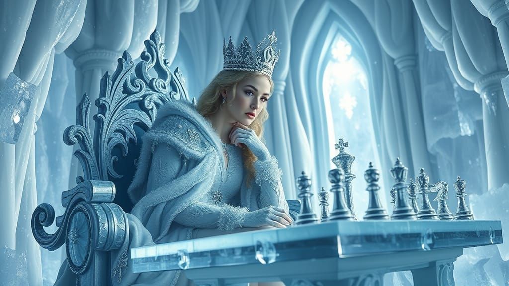 Snow Queen Contemplating Chess on Ice Throne
