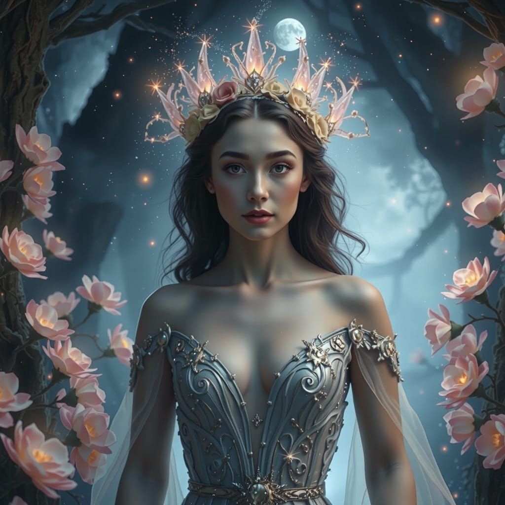 Celestial Queen in Moonlit Enchanted Forest