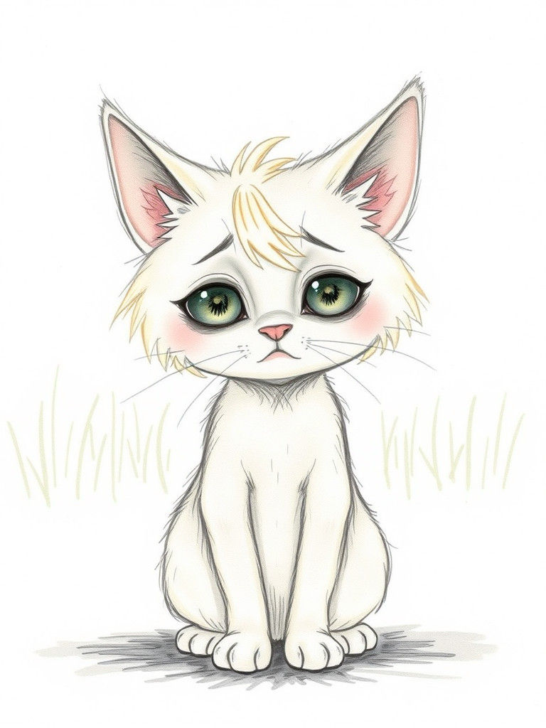 A cute, homeless adult short-haired blonde cat, drawn in pencil in a childish style. The cat looks sad but cute, with bi...