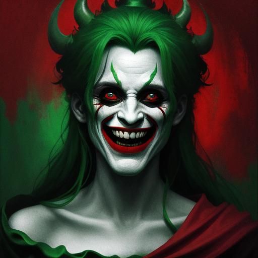 stunning Celtic laughing jester’s head. Chiaroscuro. Red moo...