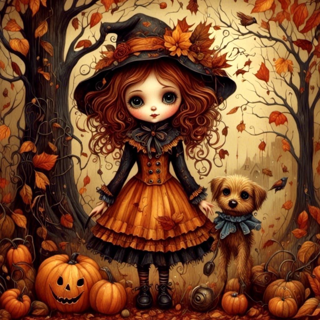 Autumn Scarecrow Girl with Puppy in Whimsical Style