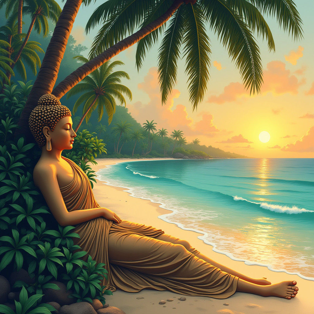 Buddha's Serene Beach Relaxation: Japanese Art Style