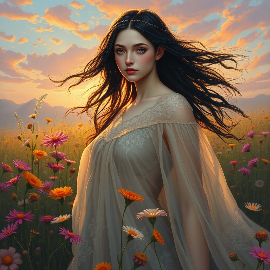 Goddess in Wildflower Field, Dreamlike Style