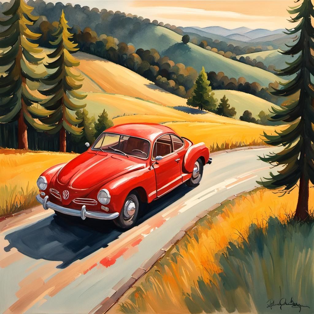Red Karmann Ghia Gouache Impressionist Painting