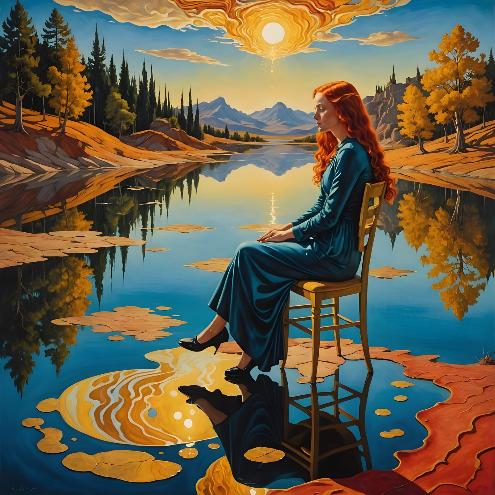 Surrealist Dreamscape with Melting Chair and Serene Lake