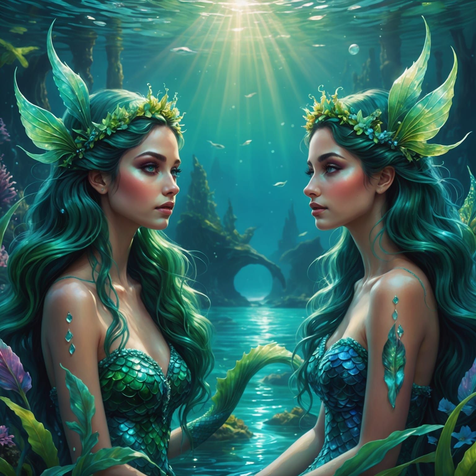 Colorful Mermaids in Lagoon: Astral Cosmic Illustration