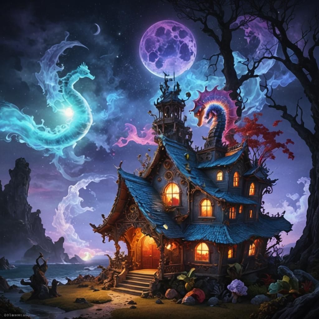 Yin Yang Sun Moon Seahorse in Double Exposure Style