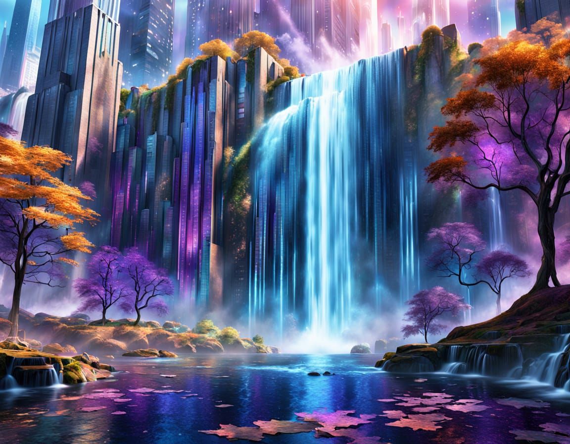 Silk Waterfall Flowing From Skyscraper in Futurism Style