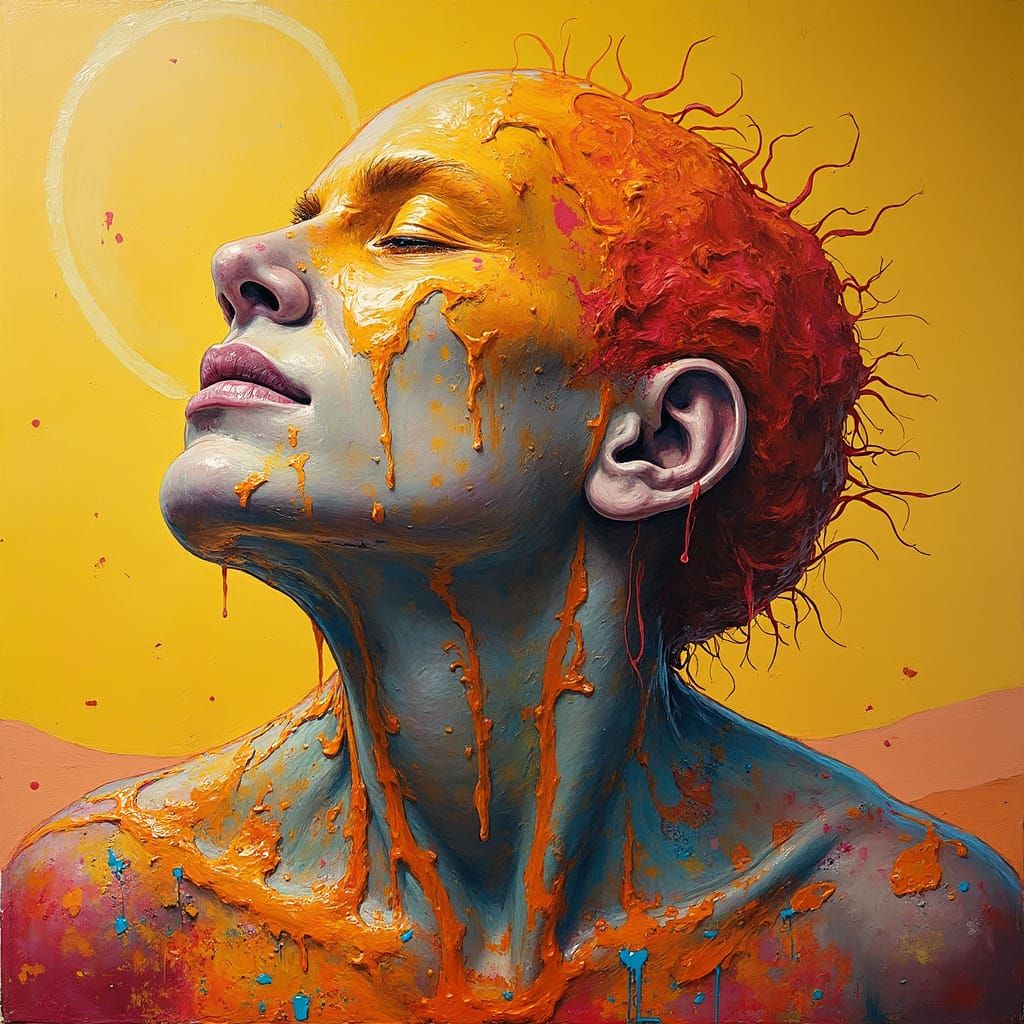 a large person , the wax runs down the side, the person melts, the head is melted. Sahara background, hot sun, it's hot,...