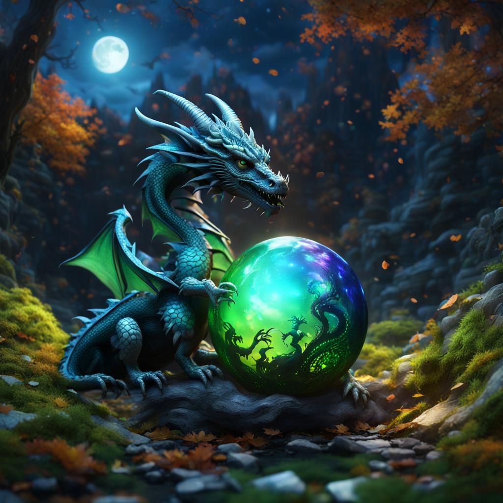 Iridescent Dragon Hatchling in Mystical Autumn Scene