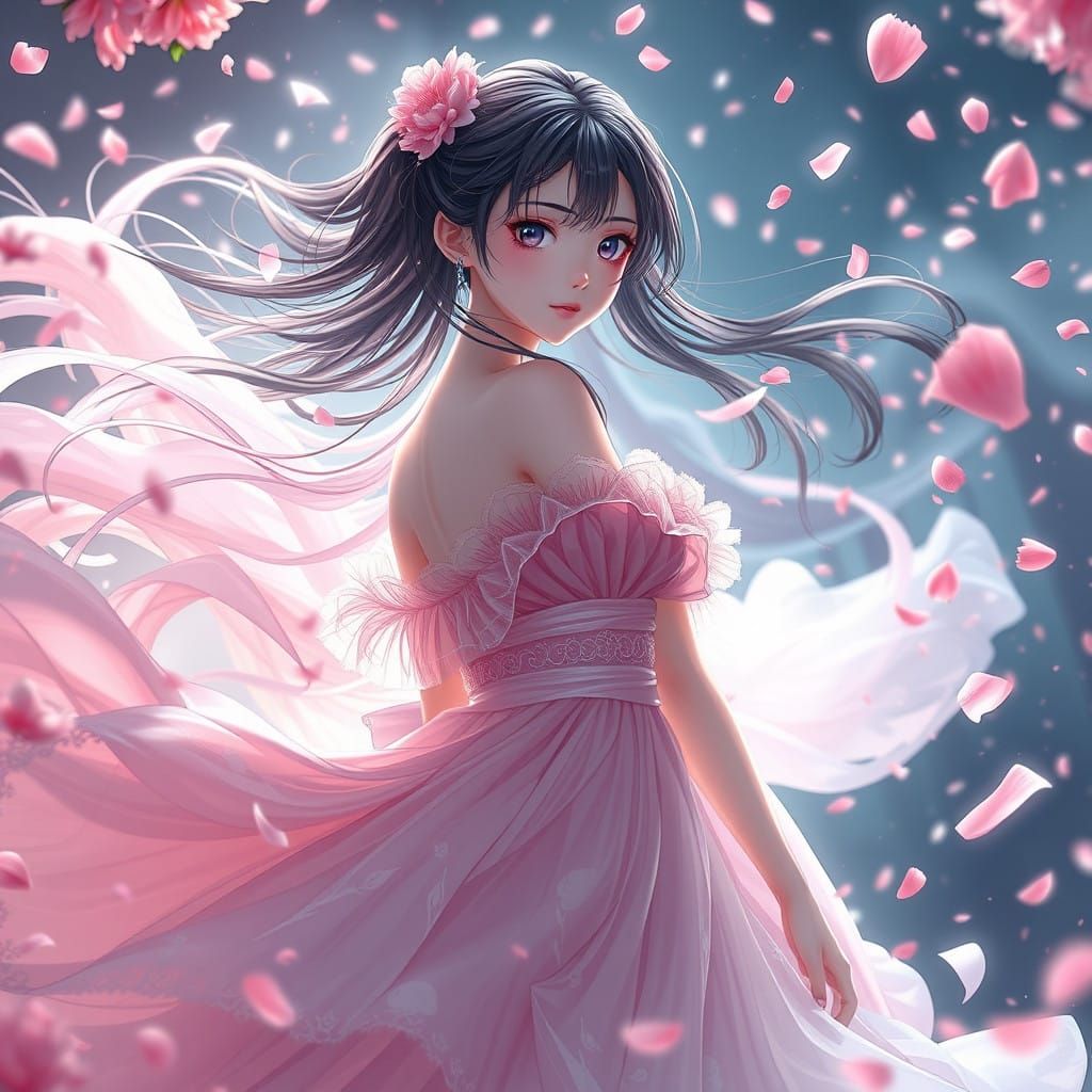 Whimsical Anime Goddess in Cherry Blossom Storm
